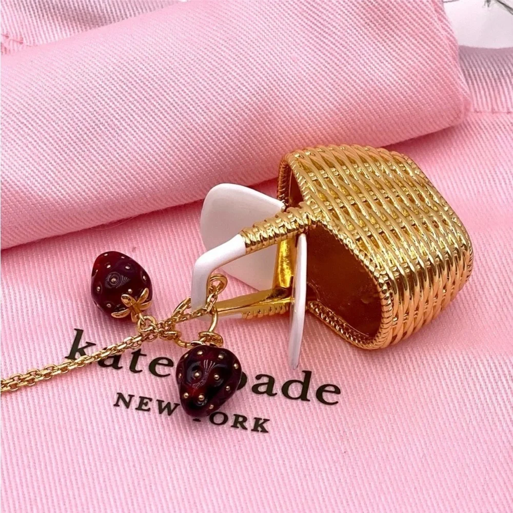 KATE SPADE Gold Picnic Basket Strawberry Long Pendant Statement Necklace
